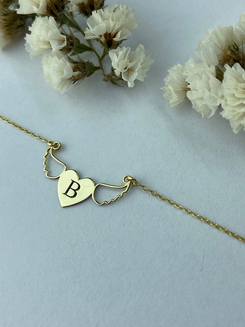 Personalized Initial Heart Necklace with Angel Wings • Unique Memorial Letter Jewelry with Birthstone add on