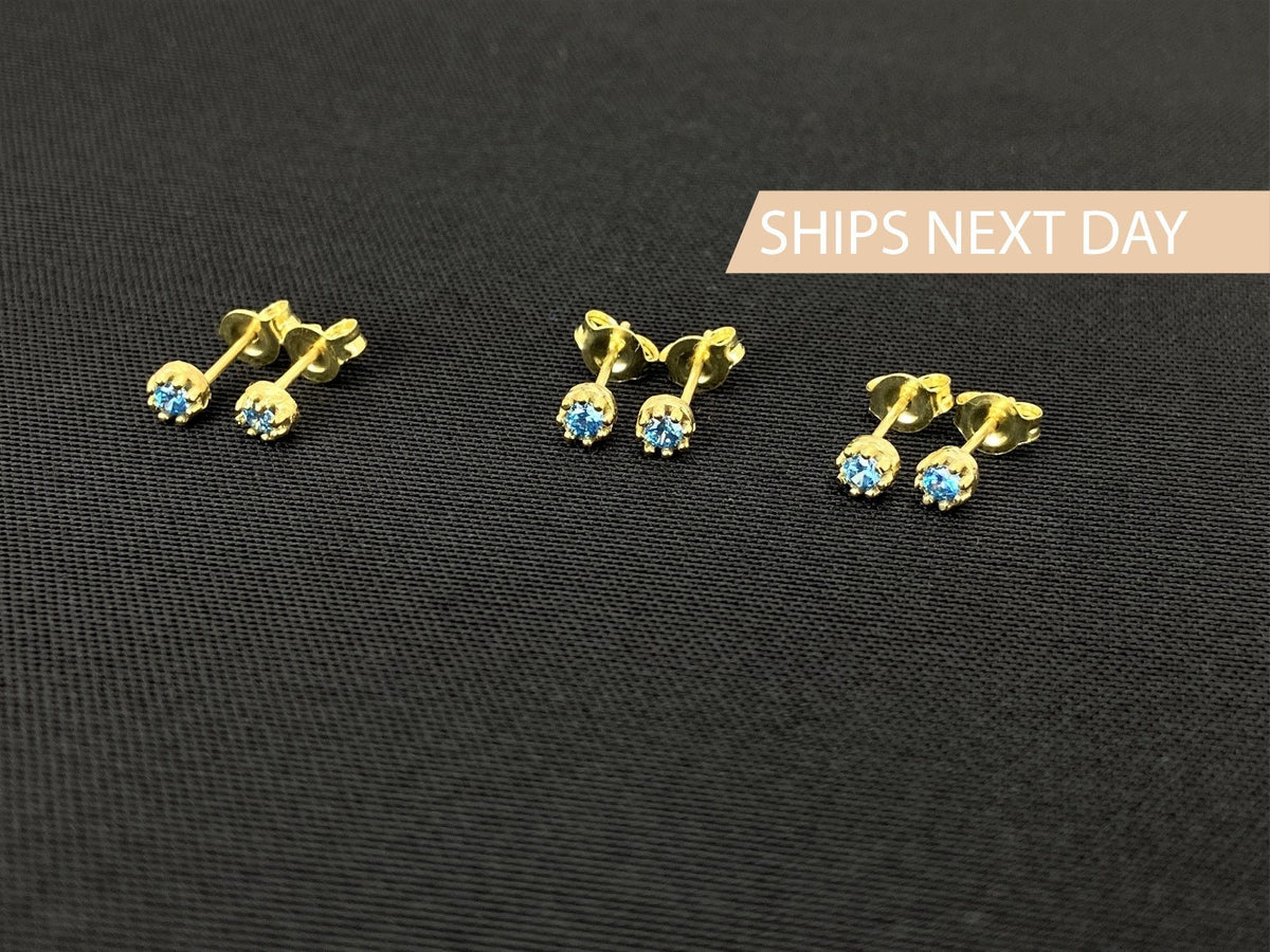 Waterproof CZ Diamonds Blue Topaz Earrings Birthstones Studs, Sterling Silver, Gold and Rose Gold • Minimalist Jewelry by NecklaceDreamWorld