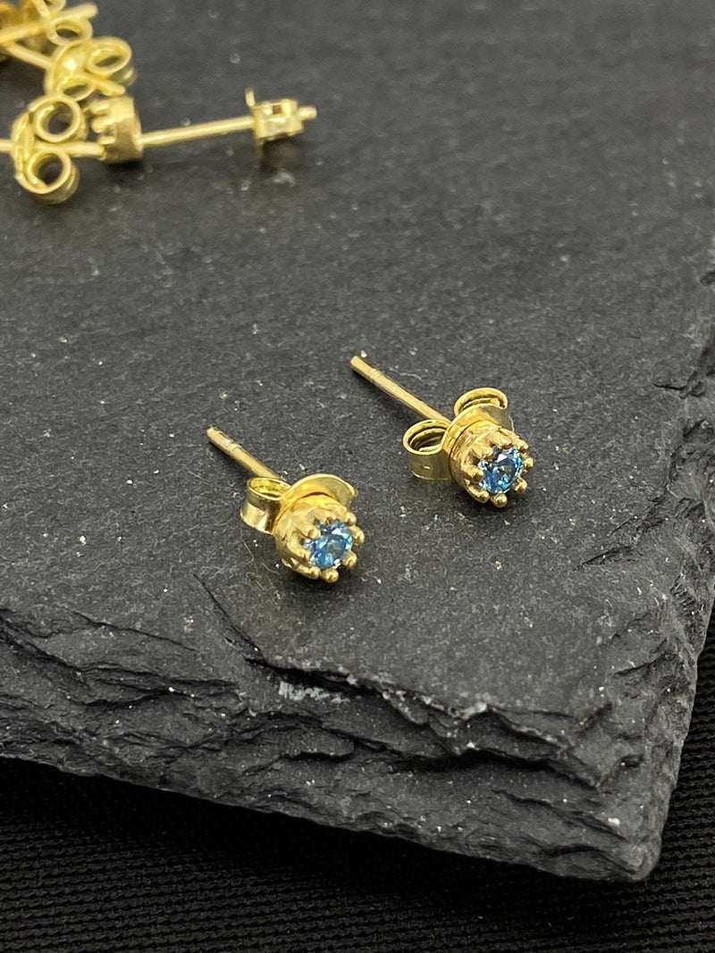 Waterproof CZ Diamonds Blue Topaz Earrings Birthstones Studs, Sterling Silver, Gold and Rose Gold • Minimalist Jewelry by NecklaceDreamWorld