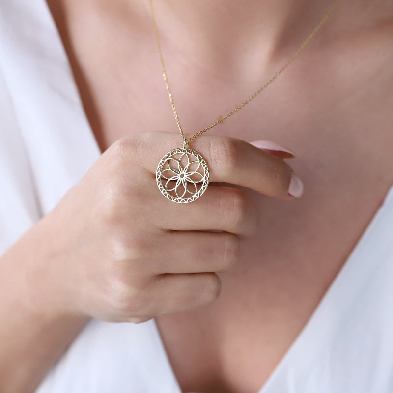 Ready to Ship Mandala Necklace Handmade • Sacred Geometry Flower Seed of Life Jewelry • Spiritual Yoga Necklace Sterling Silver, Rose, Gold