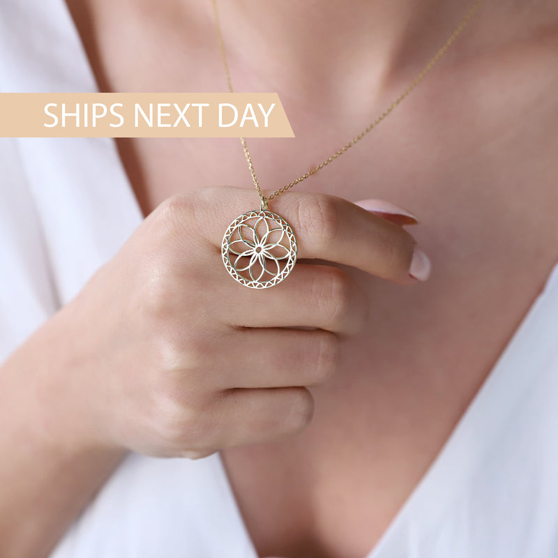 Ready to Ship Mandala Necklace Handmade • Sacred Geometry Flower Seed of Life Jewelry • Spiritual Yoga Necklace Sterling Silver, Rose, Gold