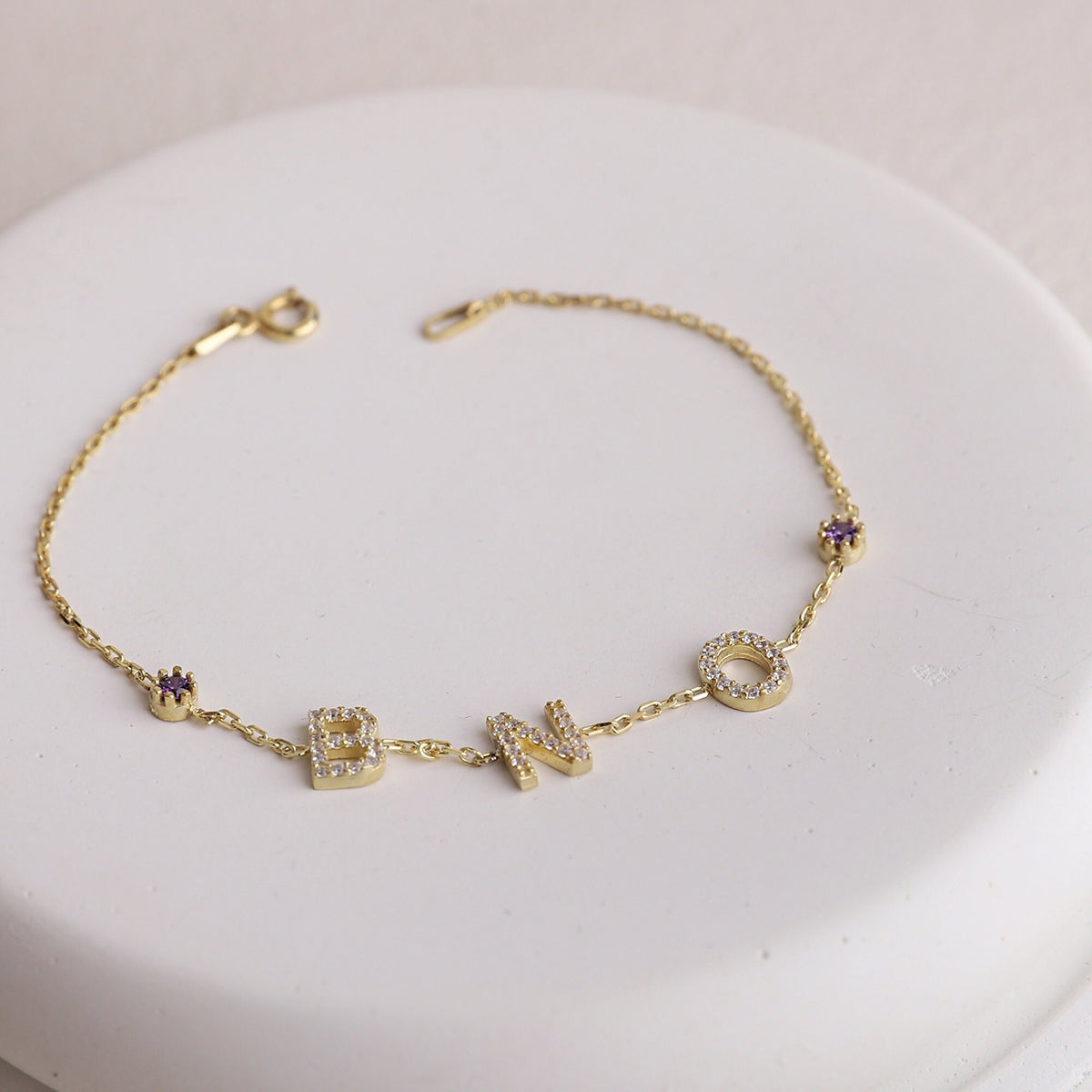 Custom CZ Diamonds Initial Bracelet Gold Bracelet with Birthstones, Personalized Friendship Letter Bracelet with Gemstones, Perfect Gift