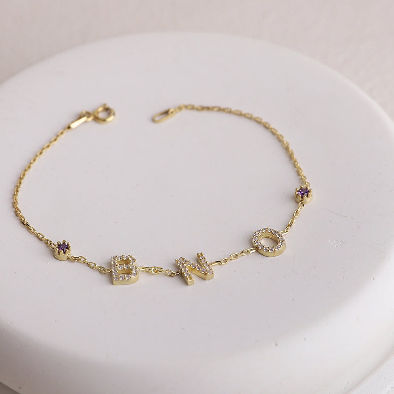 Custom CZ Diamonds Initial Bracelet Gold Bracelet with Birthstones, Personalized Friendship Letter Bracelet with Gemstones, Perfect Gift