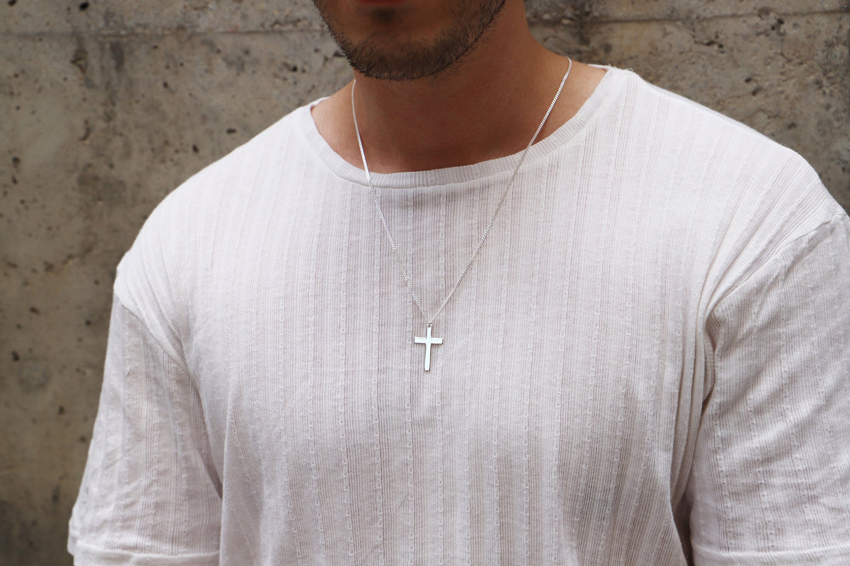 Pendant Cross Necklace Men with Curb Chain • Sterling Silver Cross Jewelry • Boyfriend Gift, Groomsmen Gift • Best Man Gift • Birthday Gifts