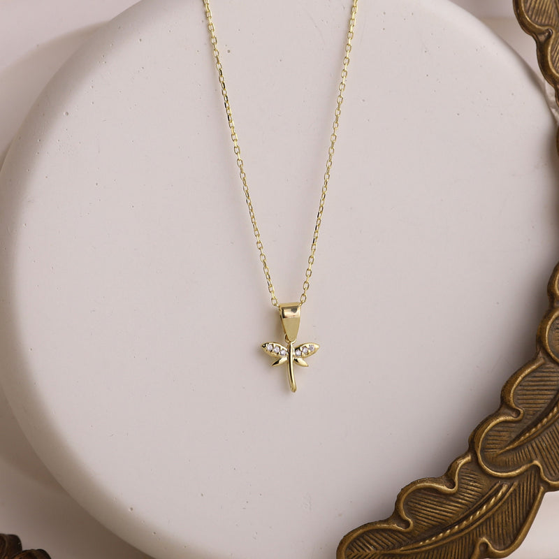 Minimalist CZ Dragonfly Necklace, 14K Gold Dainty Pendant • Simple Gold Filled Fairytale Charm Necklace • Silver Birthday Gift for Women