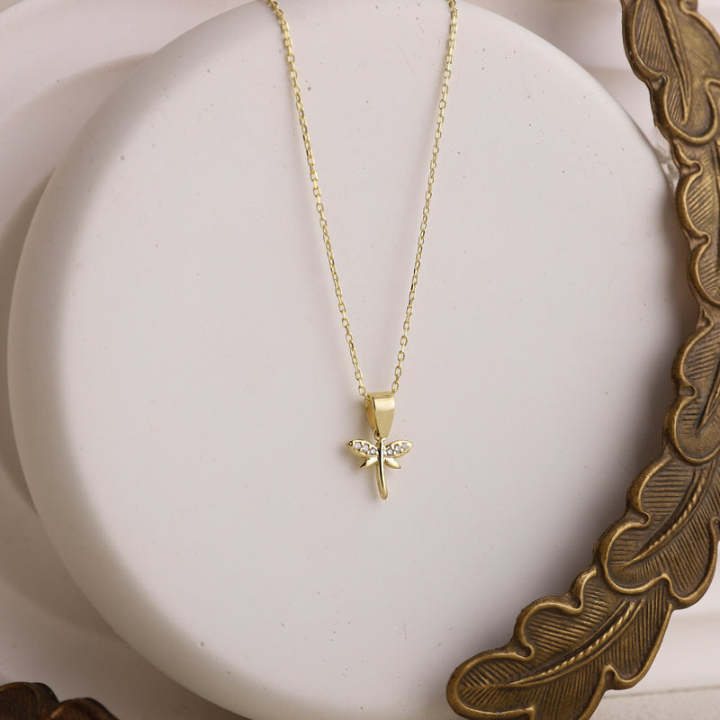 Minimalist CZ Dragonfly Necklace, 14K Gold Dainty Pendant • Simple Gold Filled Fairytale Charm Necklace • Silver Birthday Gift for Women