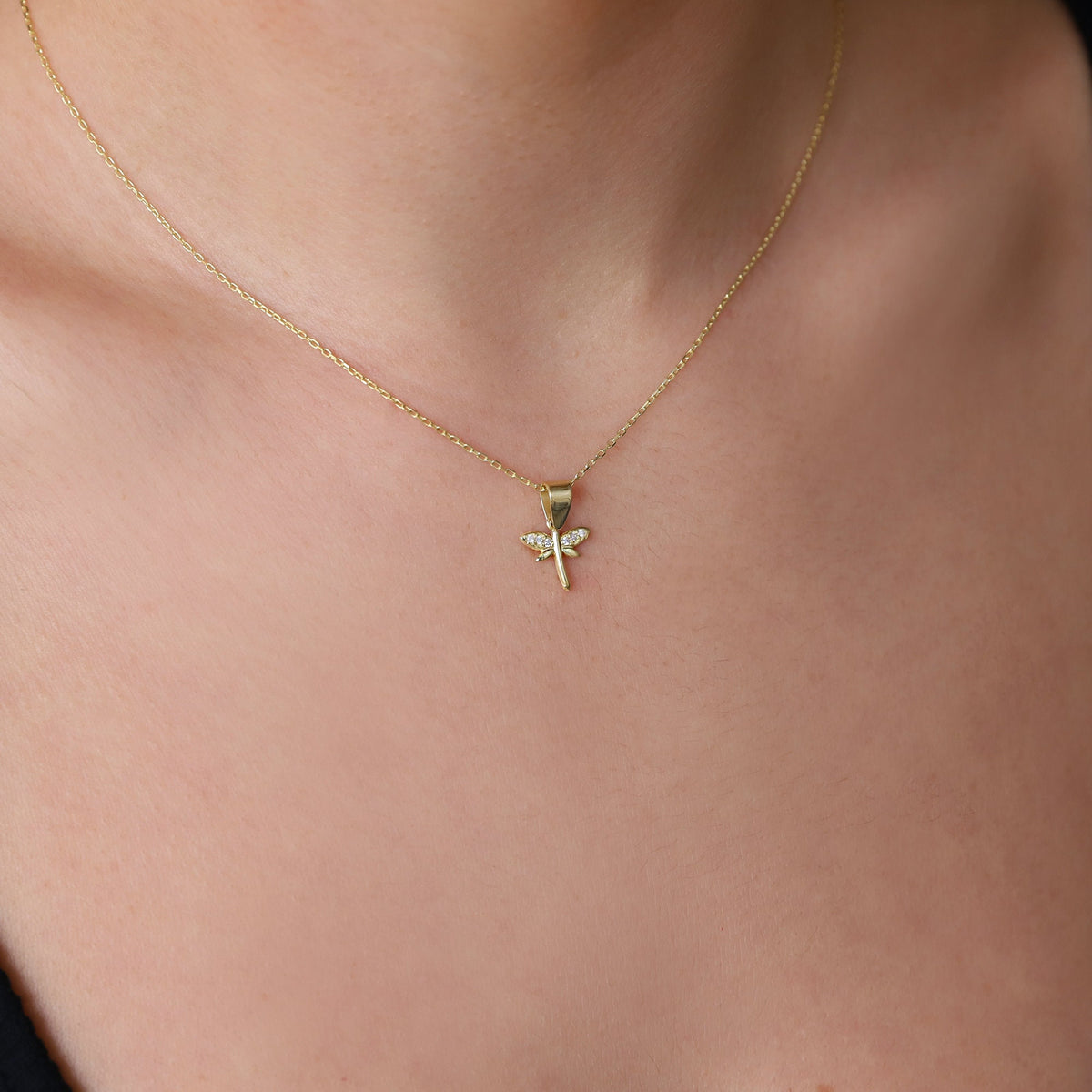 Minimalist CZ Dragonfly Necklace, 14K Gold Dainty Pendant • Simple Gold Filled Fairytale Charm Necklace • Silver Birthday Gift for Women