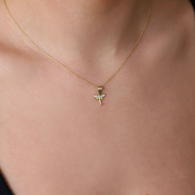 Minimalist CZ Dragonfly Necklace, 14K Gold Dainty Pendant • Simple Gold Filled Fairytale Charm Necklace • Silver Birthday Gift for Women