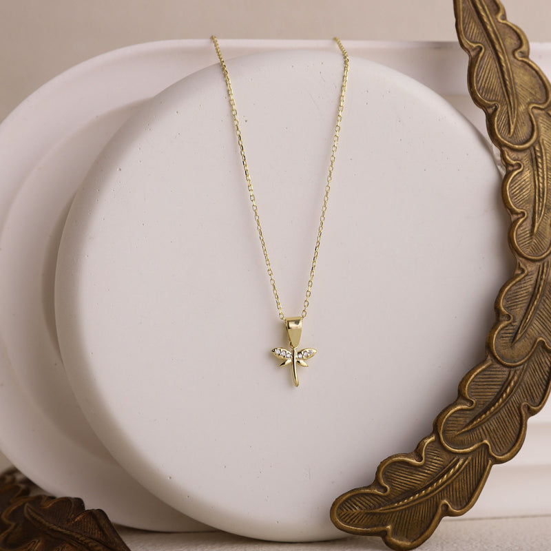 Minimalist CZ Dragonfly Necklace, 14K Gold Dainty Pendant • Simple Gold Filled Fairytale Charm Necklace • Silver Birthday Gift for Women