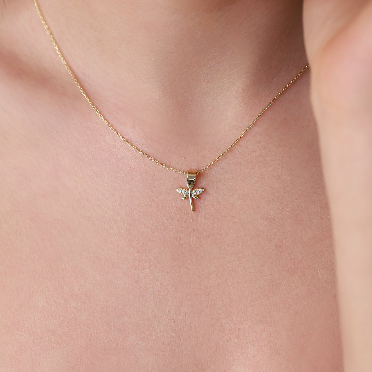 Minimalist CZ Dragonfly Necklace, 14K Gold Dainty Pendant • Simple Gold Filled Fairytale Charm Necklace • Silver Birthday Gift for Women