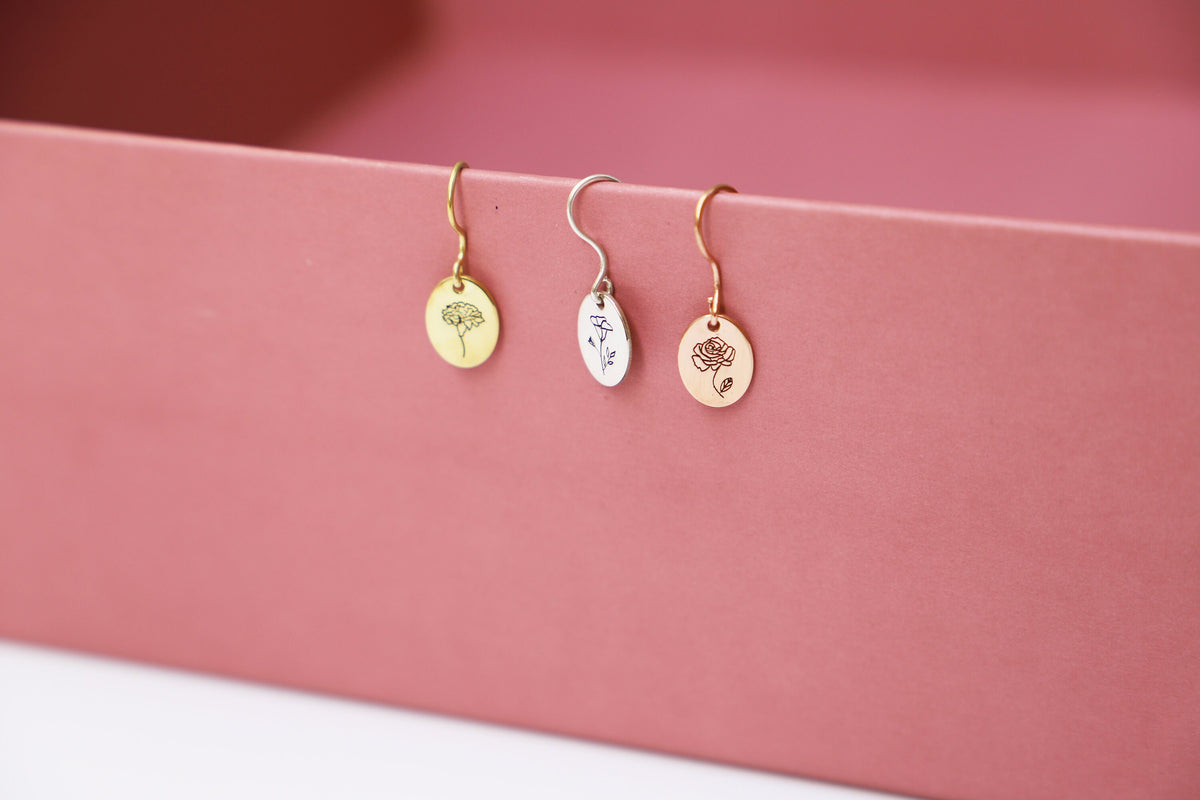 Dainty Dangle Birth Flower Earrings Gold, Sterling Silver Minimalist Month Floral Signet Earrings by NecklaceDreamWorld