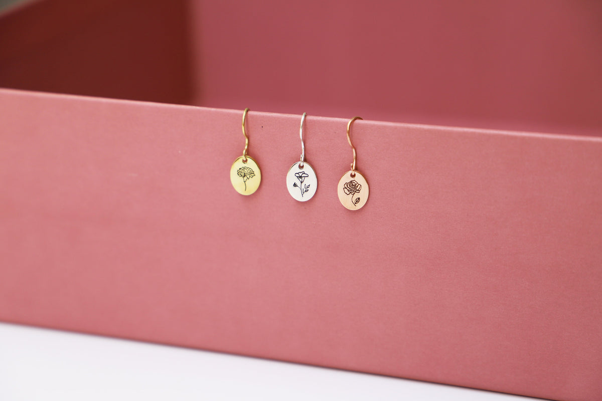 Dainty Dangle Birth Flower Earrings Gold, Sterling Silver Minimalist Month Floral Signet Earrings by NecklaceDreamWorld