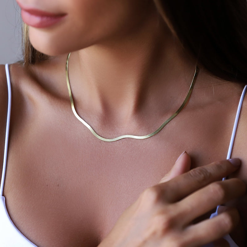 14K Solid Gold Chain Necklace • Herringbone Necklace Real Gold • Snake Necklace • Layering Necklace • Birthday Gifts • Anniversary Gifts