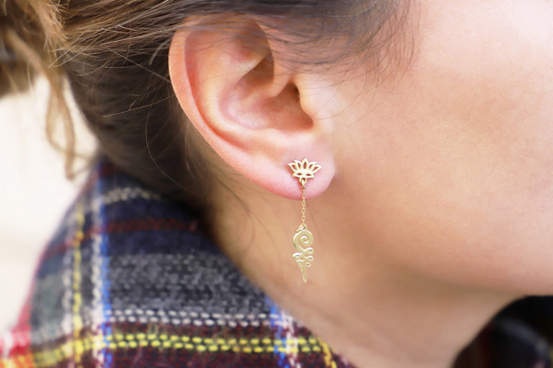 Spiritual Lotus Flower Stud Earrings | Unalome Gold Earrings | Unique Blue Lotus Earrings | Birthday Gift | Christmas Gift