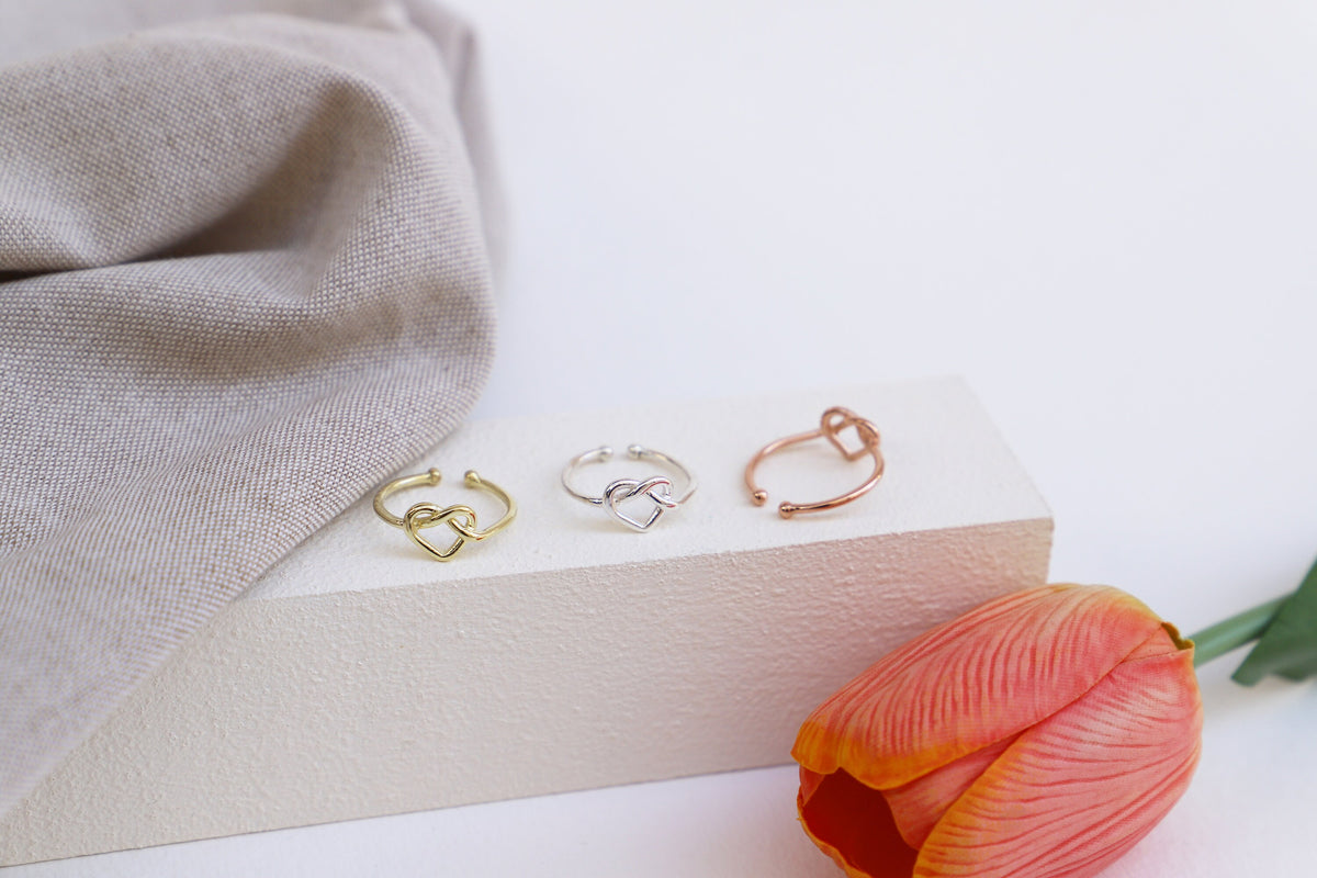 Adjustable Gold Heart Knot Ring in Sterling Silver, Gold and Rose Gold, Dainty Knot Rings, 6 US to 9 US Adjustable Jewelry, Bridesmaid Gifts