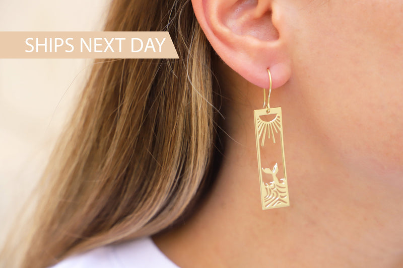 Sun Earrings Gold, Sunrise and Wave Dangle Earrings, Rectangle Boho Hawaii Drop Earrings | Ocean Wave Earrings | Earrings for Women