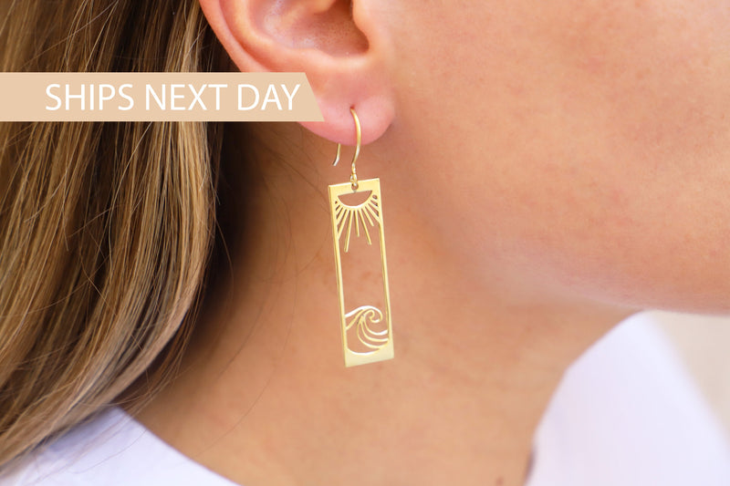 Sun Earrings Gold, Sunrise and Wave Dangle Earrings, Rectangle Boho Hawaii Drop Earrings | Ocean Wave Earrings | Earrings for Women