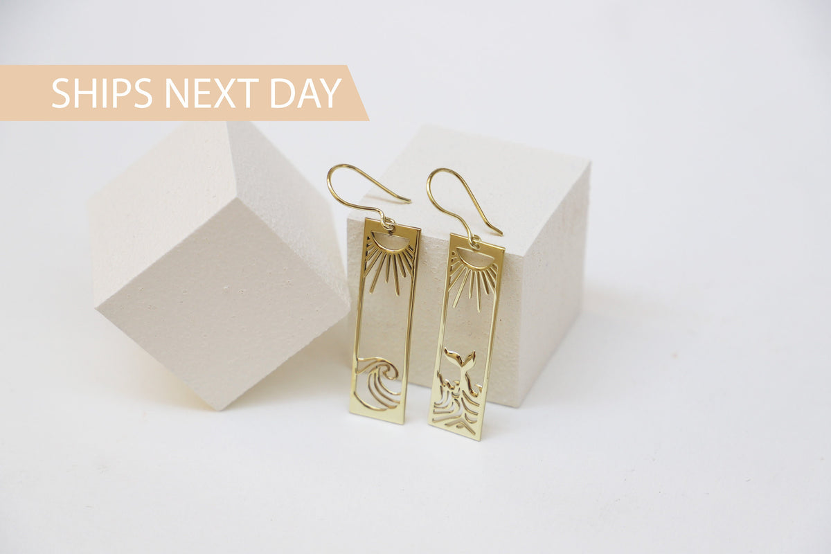 Sun Earrings Gold, Sunrise and Wave Dangle Earrings, Rectangle Boho Hawaii Drop Earrings | Ocean Wave Earrings | Earrings for Women