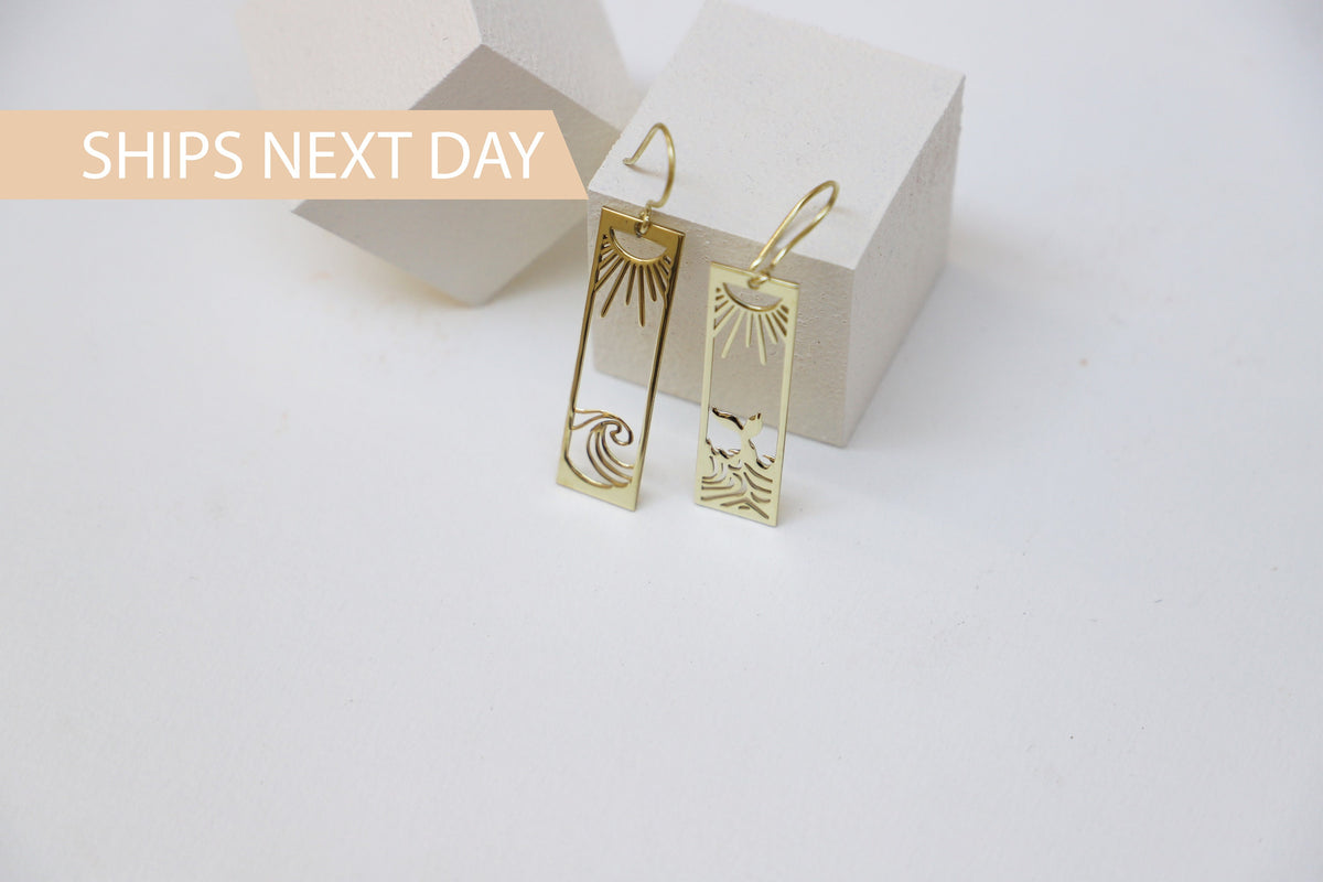 Sun Earrings Gold, Sunrise and Wave Dangle Earrings, Rectangle Boho Hawaii Drop Earrings | Ocean Wave Earrings | Earrings for Women