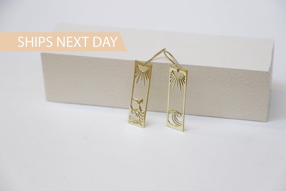 Sun Earrings Gold, Sunrise and Wave Dangle Earrings, Rectangle Boho Hawaii Drop Earrings | Ocean Wave Earrings | Earrings for Women