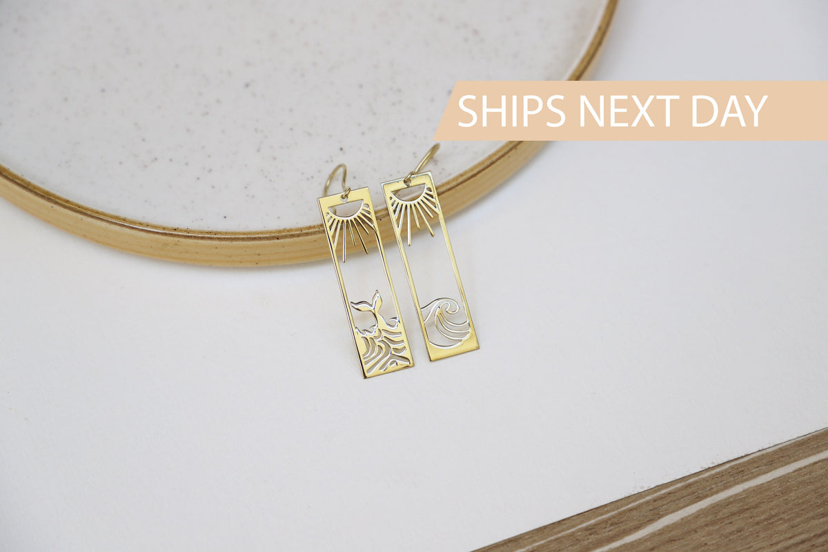 Sun Earrings Gold, Sunrise and Wave Dangle Earrings, Rectangle Boho Hawaii Drop Earrings | Ocean Wave Earrings | Earrings for Women