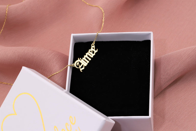 14k Solid Gold Name Necklace • Personalized Name Necklace Gold • Old English Name Necklace 14K • Gothic Name Necklace Gold 14k • Gold Gift