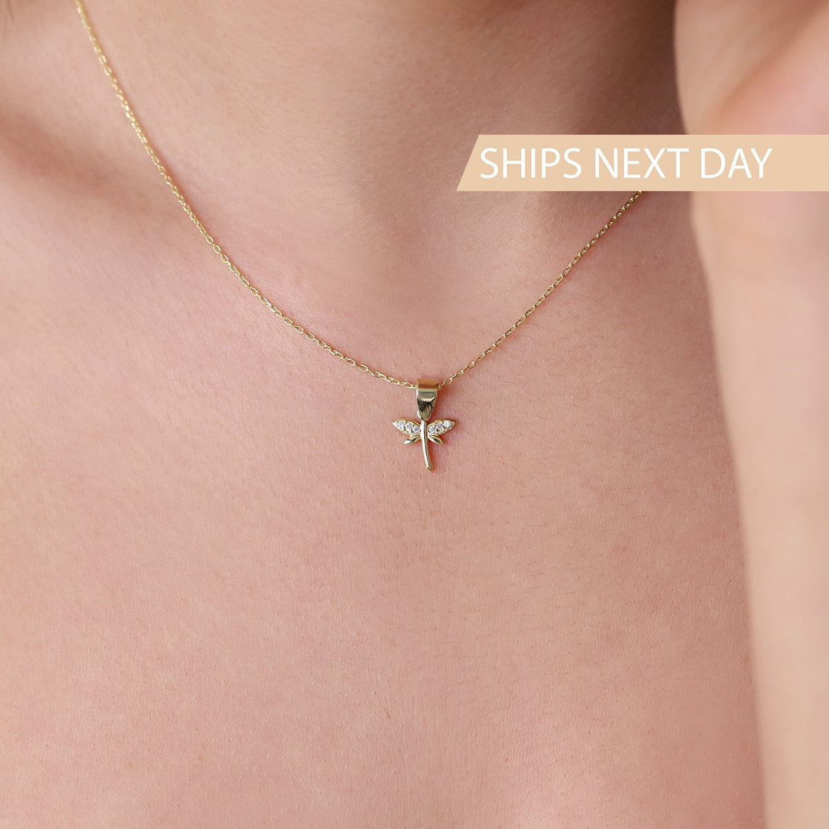 Minimalist CZ Dragonfly Necklace, 14K Gold Dainty Pendant • Simple Gold Filled Fairytale Charm Necklace • Silver Birthday Gift for Women