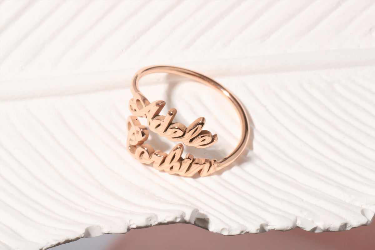 Custom Dainty Double Name Ring Gold • Two Personalized Cursive Name Rings • Women Name Jewelry