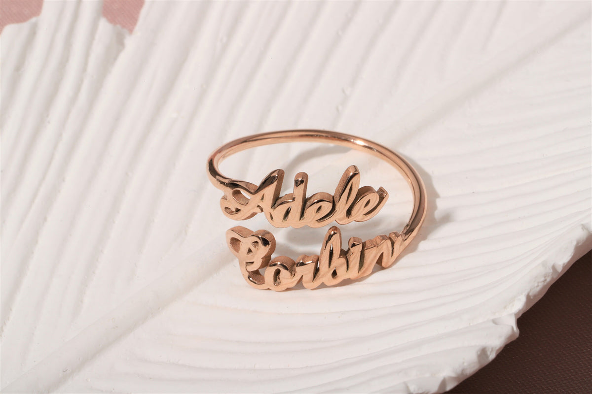 Custom Dainty Double Name Ring Gold • Two Personalized Cursive Name Rings • Women Name Jewelry