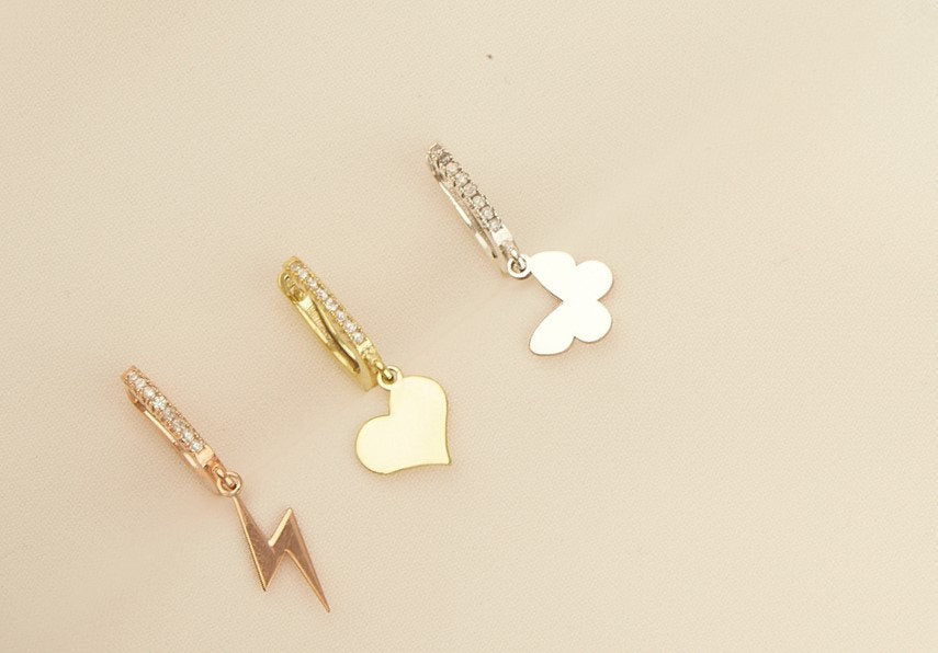 Dainty Butterfly, Heart, Lightning Bolt Earrings with Pave Diamond Huggies, Handmade Custom Dangle Pave Diamonds Jewelry in Sterling Silver