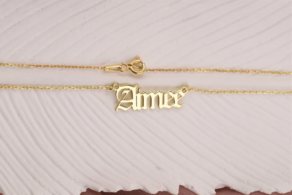 14k Solid Gold Name Necklace • Personalized Name Necklace Gold • Old English Name Necklace 14K • Gothic Name Necklace Gold 14k • Gold Gift