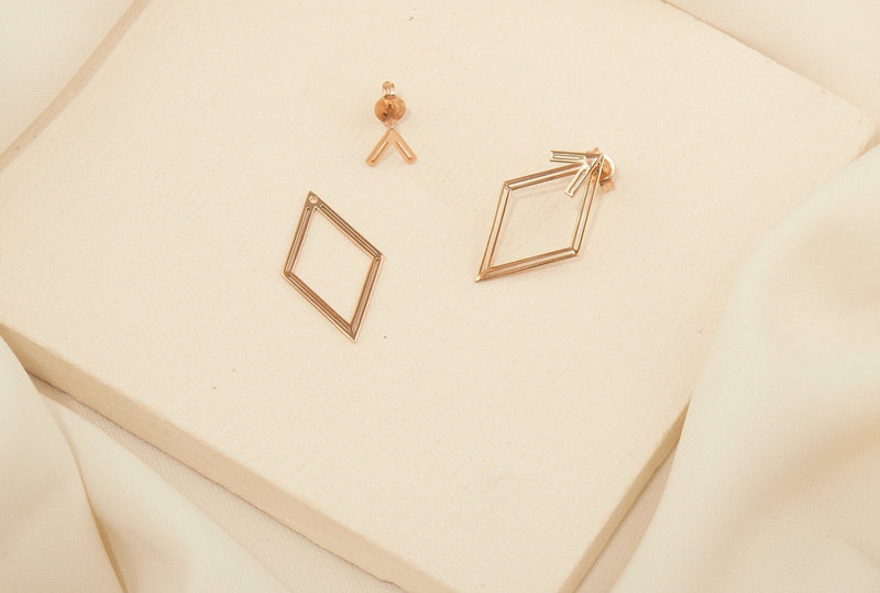 14K Rose Gold Ear Jacket Rhombus Earrings, Geometric Earring, Dainty Pair Earrings, Special Design Earrings by NeckaceDreamWorld