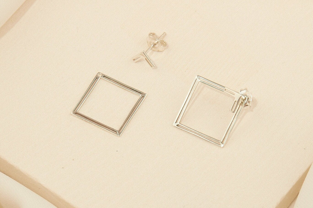 Handmade Ear Jacket Earrings, Square Earring, Double Geometric Earrings, Modern Jewelry Gifts for Women in Rose Gold, Sterling Silver, Gold