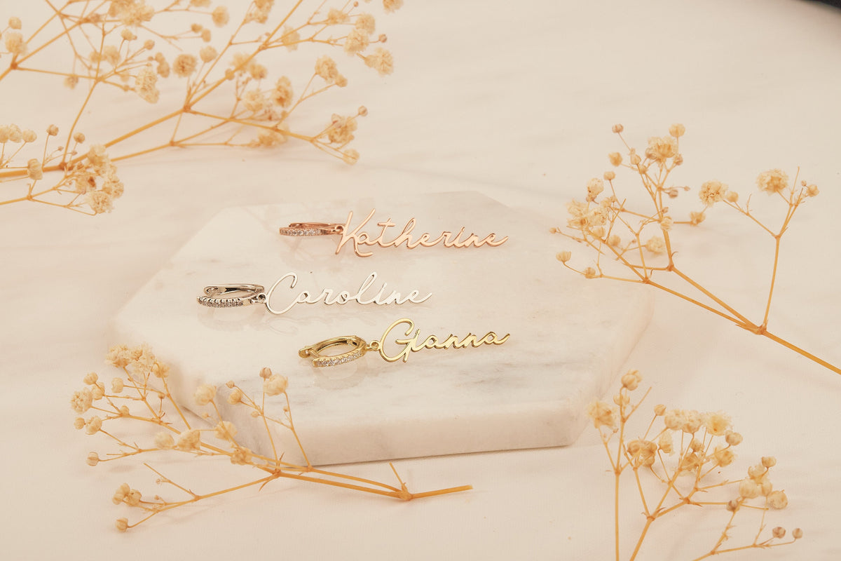 Rose Gold Personalized Signature Name Earrings with Pave Diamond Huggies, Handmade Custom Dangle Pave Diamonds Jewelry in Silver