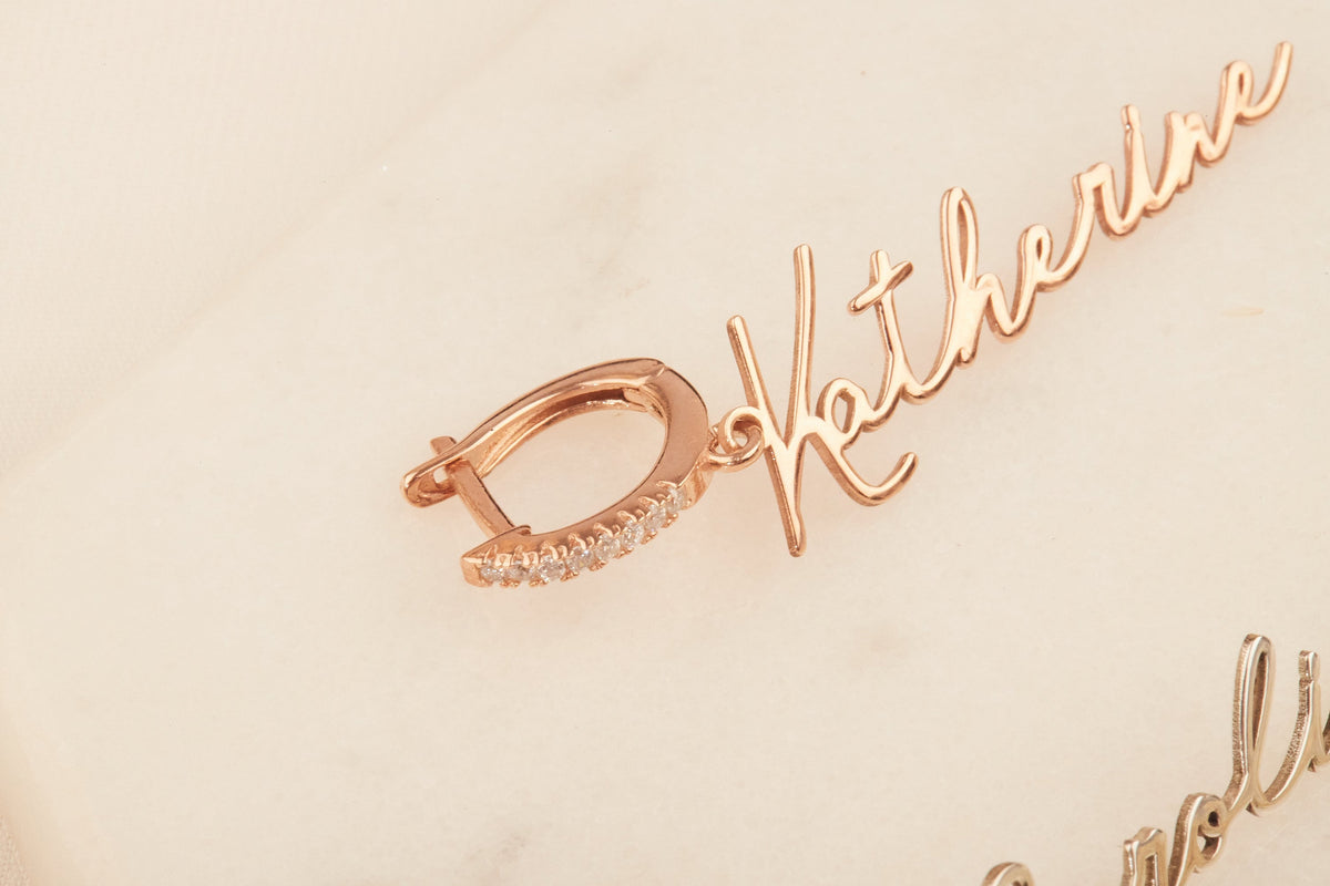 Rose Gold Personalized Signature Name Earrings with Pave Diamond Huggies, Handmade Custom Dangle Pave Diamonds Jewelry in Silver