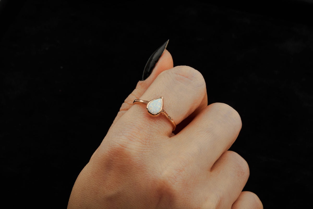 Real Opal Teardrop Rings in 14K Gold, Comfort Fit Dainty Ring with Opal Stone in Yellow Gold Rings by NecklaceDreamWorld, Daily Wear Gifts