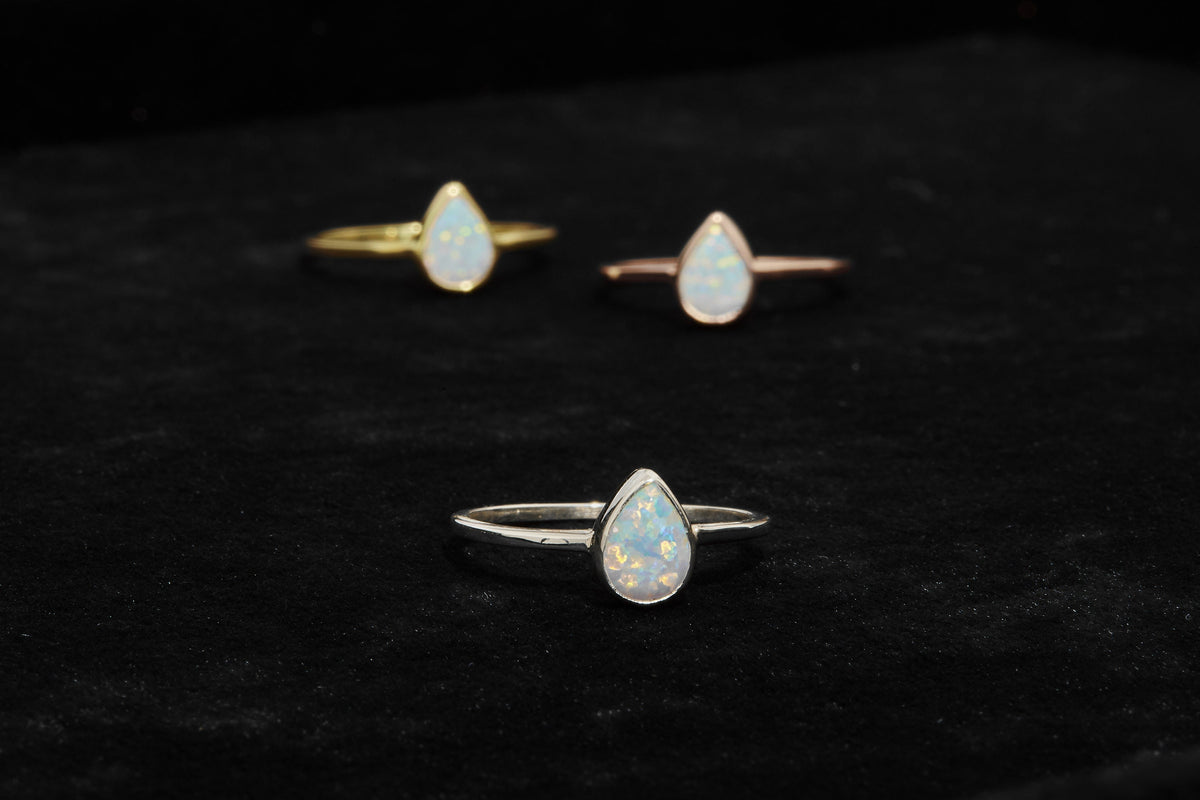 Real Opal Teardrop Rings in 14K Gold, Comfort Fit Dainty Ring with Opal Stone in Yellow Gold Rings by NecklaceDreamWorld, Daily Wear Gifts