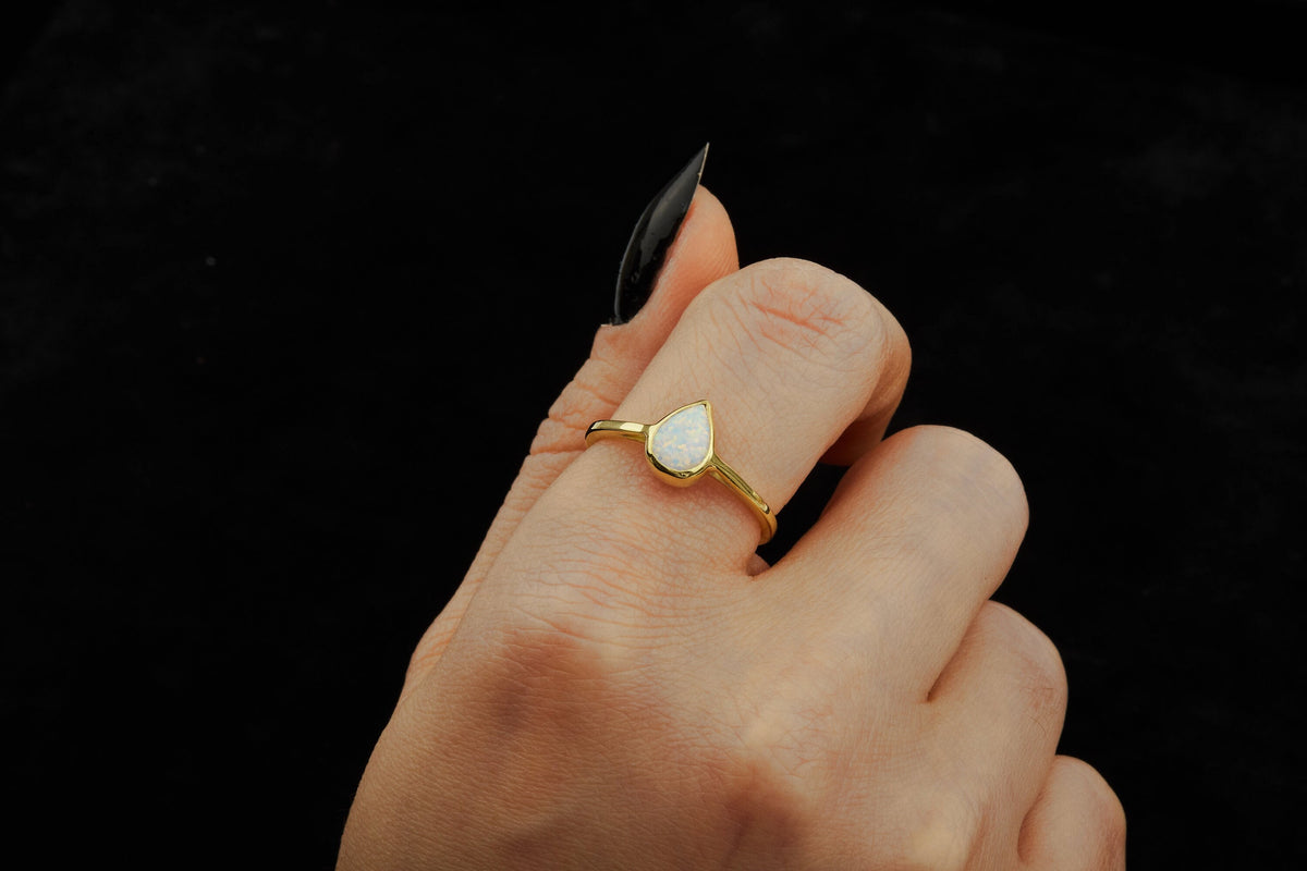 Real Opal Teardrop Rings in 14K Gold, Comfort Fit Dainty Ring with Opal Stone in Yellow Gold Rings by NecklaceDreamWorld, Daily Wear Gifts