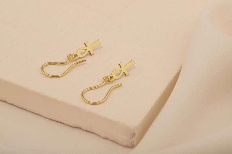 Handmade Ancient Ankh Symbol Earrings in 14K Gold, Sterling Silver and Rose Gold, Key of Life Egyptian Jewelry by NecklaceDreamWorld