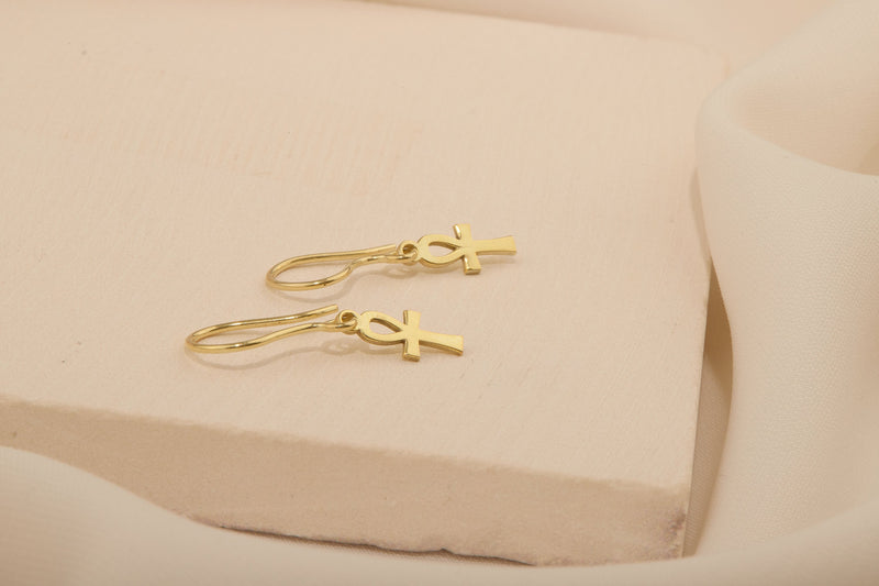 Handmade Ancient Ankh Symbol Earrings in 14K Gold, Sterling Silver and Rose Gold, Key of Life Egyptian Jewelry by NecklaceDreamWorld