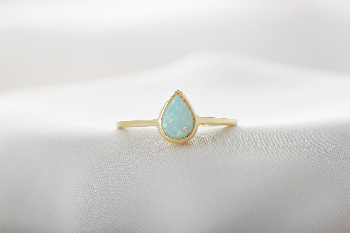 Real Opal Teardrop Rings in 14K Gold, Comfort Fit Dainty Ring with Opal Stone in Yellow Gold Rings by NecklaceDreamWorld, Daily Wear Gifts