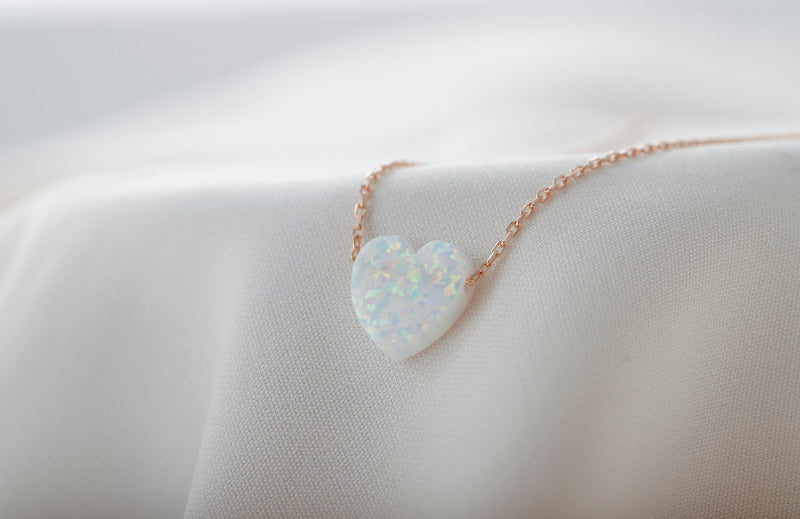 14k Heart Shape White Opal Necklace, Minimalist Jewelry for Her, Dainty Real Gemstone Necklace, Unique Gifts by NecklaceDreamWorld