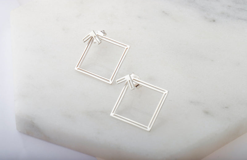 Handmade Ear Jacket Earrings, Square Earring, Double Geometric Earrings, Modern Jewelry Gifts for Women in Rose Gold, Sterling Silver, Gold