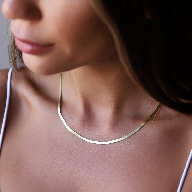 14K Solid Gold Chain Necklace • Herringbone Necklace Real Gold • Snake Necklace • Layering Necklace • Birthday Gifts • Anniversary Gifts