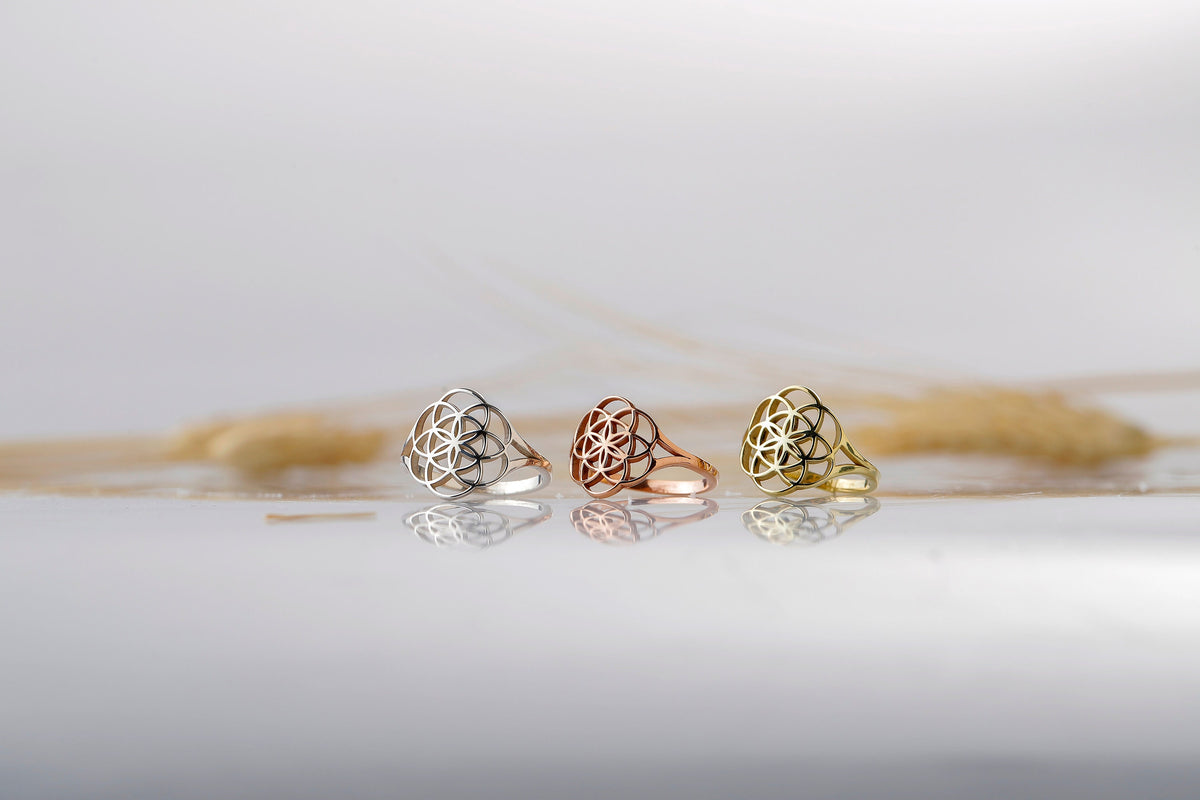 Handmade Flower of Life Ring Gold • Mandala Ring Rose Gold • Seed of Life Ring Silver • Gift for Her • Sacred Geometry Meditation Jewelry