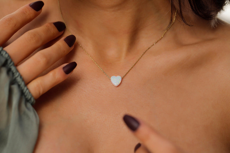 14k Heart Shape White Opal Necklace, Minimalist Jewelry for Her, Dainty Real Gemstone Necklace, Unique Gifts by NecklaceDreamWorld