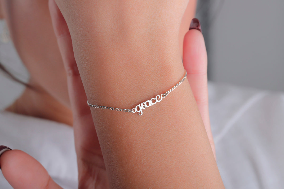 Layering Name Bracelet with Dainty Curb Chain, Personalized Initial Bracelet, Perfect Birthday Gift in Sterling Silver by NecklaceDreamWorld