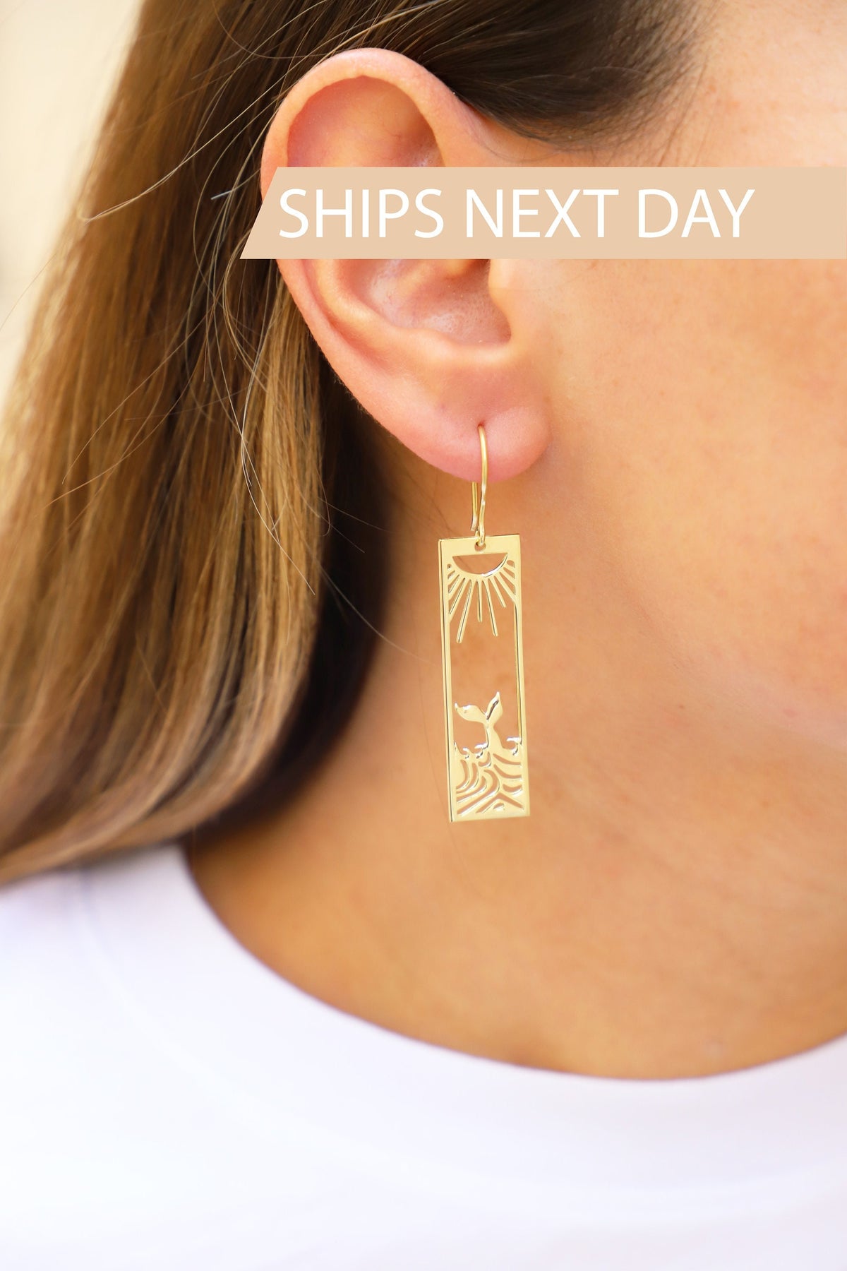 Sun Earrings Gold, Sunrise and Wave Dangle Earrings, Rectangle Boho Hawaii Drop Earrings | Ocean Wave Earrings | Earrings for Women