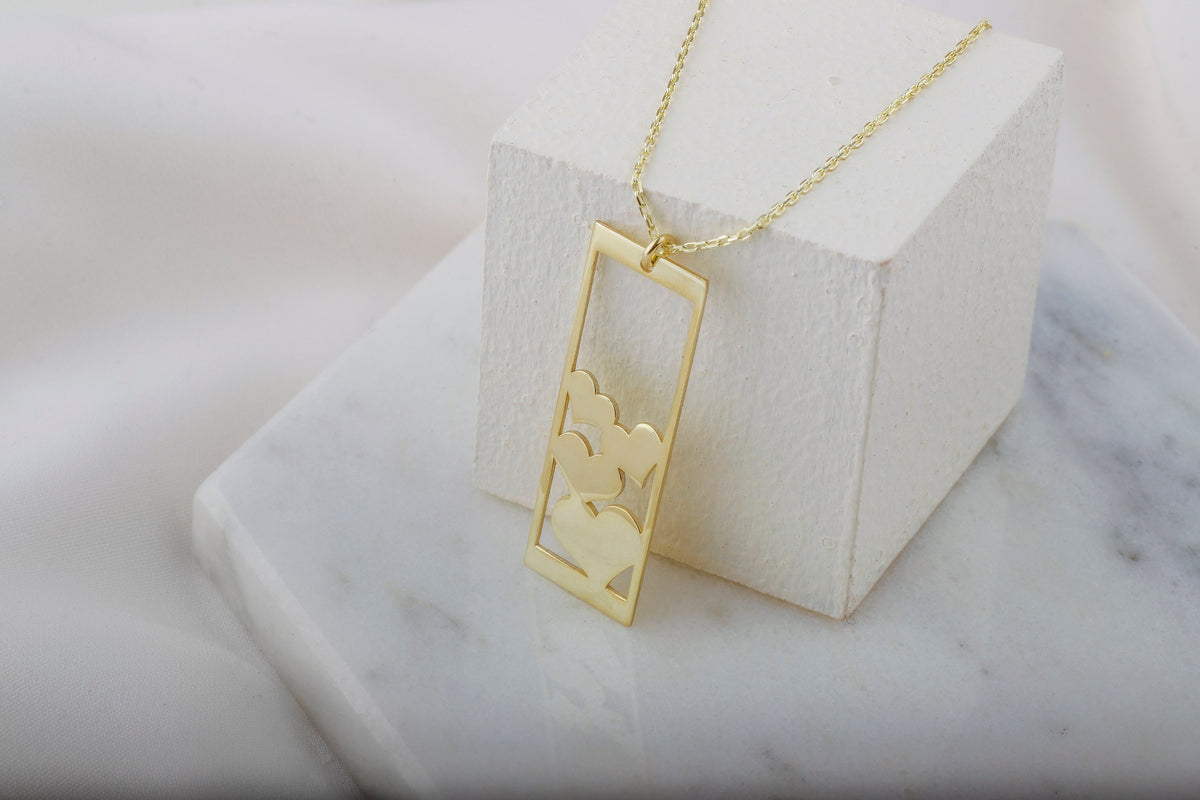 14K Gold Rectangle Frame Necklace with Heart Waves by NecklaceDreamWorld, Everyday Delicate Jewelry in Gold, Sterling Silver and Rose Gold