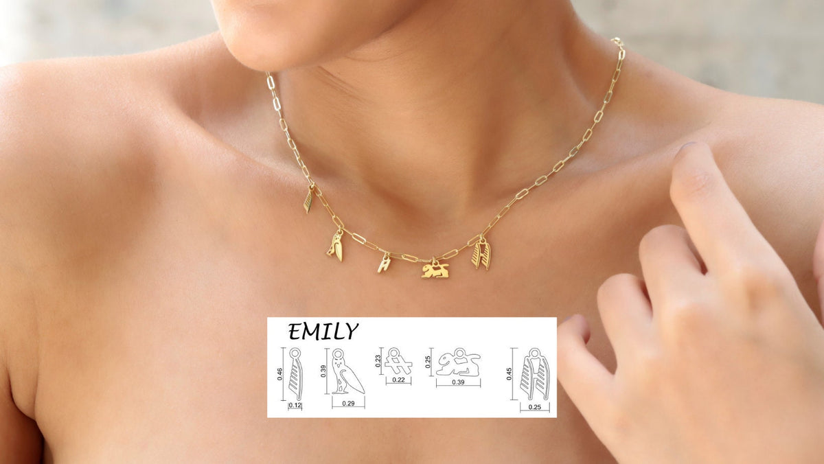 14K Gold Personalized Hieroglyphics Necklace with Dainty Waterproof Link Chain by NecklaceDreamWorld, Delicate Summer Jewelry Gifts